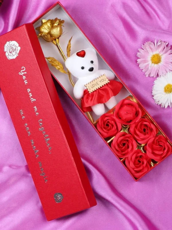 Romantic Valentine gift box containing 24K golden rose, cute teddy bear with red dress and handmade soap roses for girlfriend
