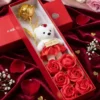 Valentine's Day gift set for girlfriend with golden rose, teddy bear and red soap flowers in luxury red box on silk fabric