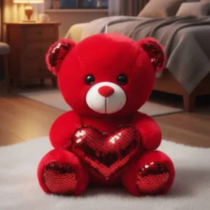 Red Sparkle Heart Teddy Bear – Romantic Bedroom Decor Plush