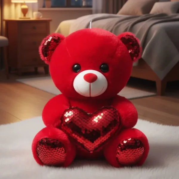 Red Sparkle Heart Teddy Bear – Romantic Bedroom Decor Plush