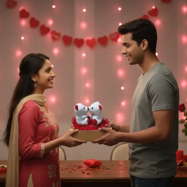 Romantic Surprise Gifting – Couple Exchanging Kissing Teddy Bear